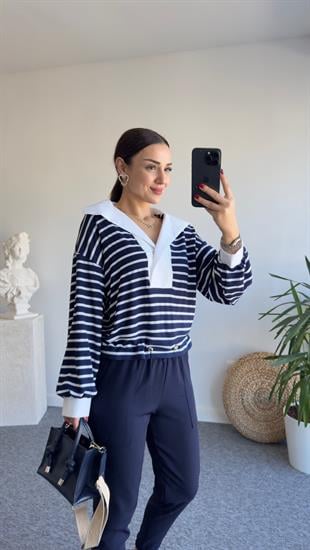 Gömlek Yaka Çizgili Lacivert Sweat