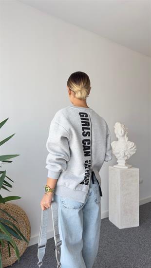 Berlin Fermuar Ve Yazı Detaylı Gri Sweatshirt
