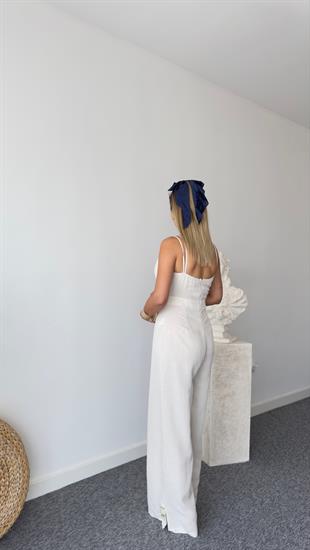 Lıu Gold Detaylı Bej Keten Tulum