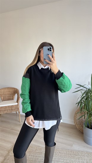  Kolları Yeşil Kapitone Tasarım Sweat 