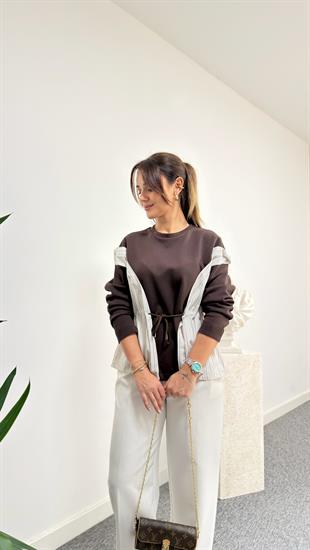 Kahve Parçalı Yanı Bağcıklı Sweatshirt