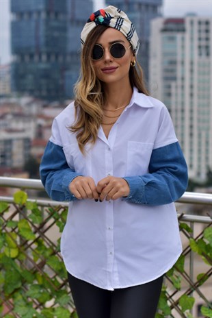 Kolları Kot Detaylı Beyaz Gömlek