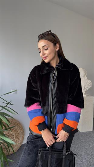 Lion Renk Geçişli Siyah Peluş Mont