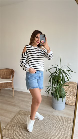 Omuz Pencere Detay Çizgili Sweat