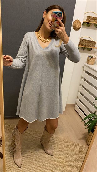 V Yaka Gri Basic Elbise
