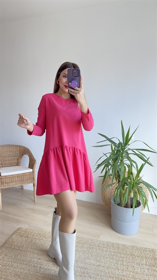 Uzun Kol Pembe Basic Elbise 