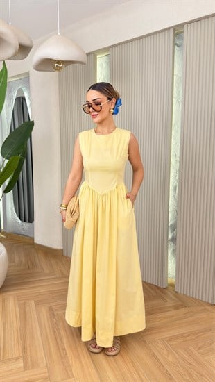 Belden Korsajlı Sarı Maxi Elbise 