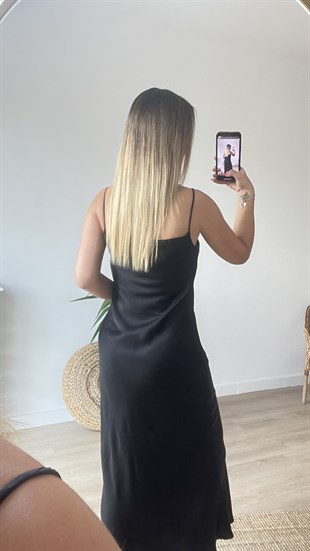 Orijinal Marka Degaje Yaka Siyah Saten Elbise