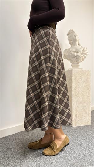 Kahve Orne Zra Model Kemerli Ekose Etek