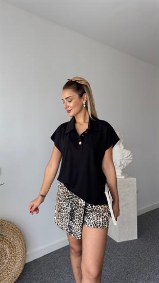 Gold Düğmeli Modal Siyah Bluz