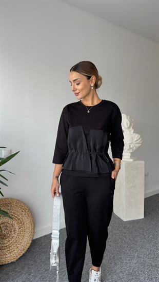 Jade Ön Bağlama Detay Garnili Siyah Sweat