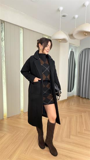 Siyah Liche Kuşaklı Kaşe Kaban