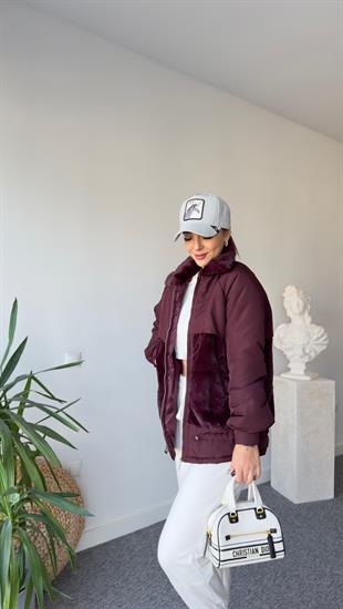 Peluş Detay Büzgülü Bordo Mont