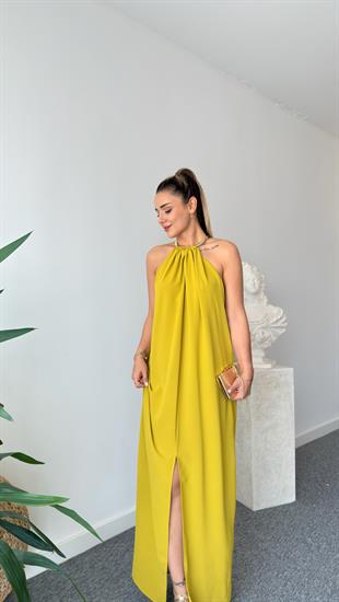 Kolyeli Orj Model Yeşil Elbise 