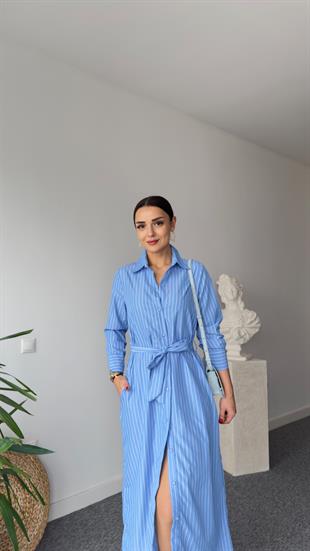 Çizgili Kuşak Detay Mavi Gömlek Elbise 