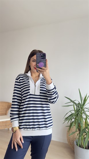 Lacivert Çizgili Yarım Fermuarlı Sweat