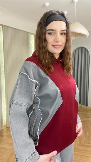 Bordo Kot Ve Deri Garnili Kapüşonlu Sweatshirt