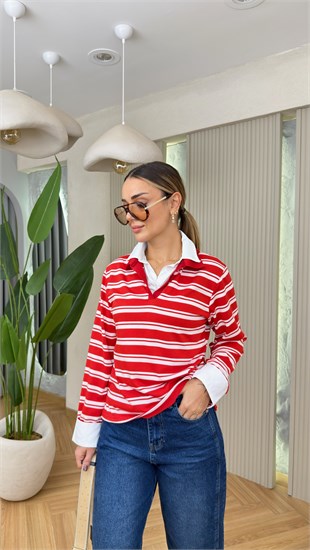 Kırmızı Sadera Gömlek Detaylı Sweatshirt