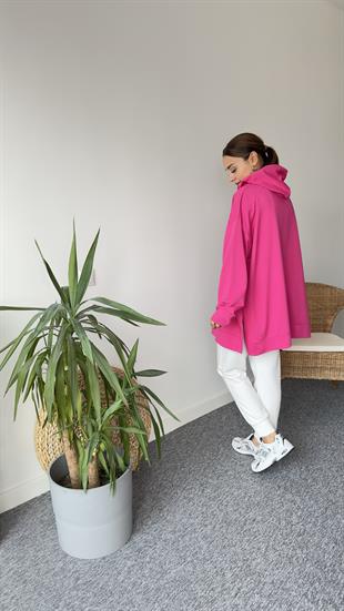 İki İplik Yanları Yırtmaçlı Fuşya Sweat