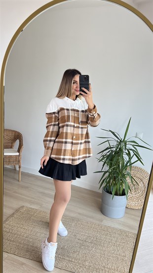 Bej Ekose Detay Kapüşonlu Sweatshirt