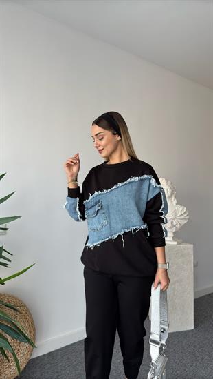 Moren Asimetrik Kotlu Siyah Sweatshirt