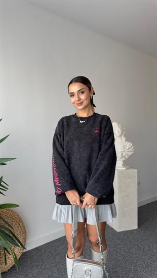 Blerin Pembe Yazı Detaylı Yıkamalı Sweat
