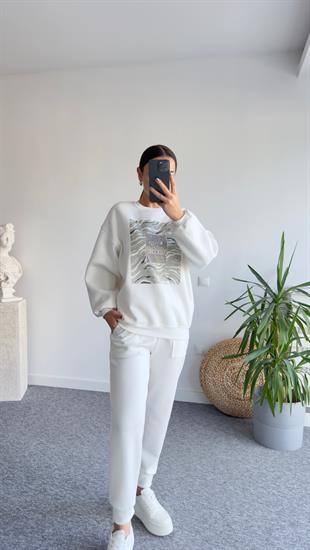 Mels Taşlı Ve Zebra Desen Beyaz Sweat