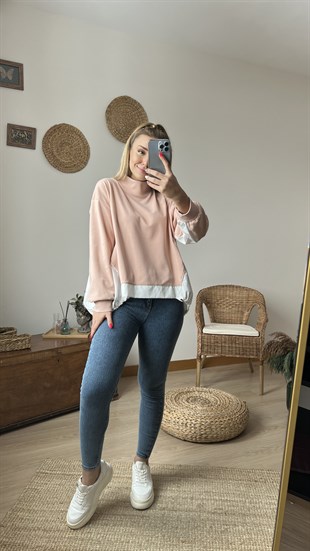 Poplin Detaylı Pudra Polar Sweatshirt