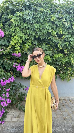 Orijinal Model Düğme Detaylı Uzun Elbise 
