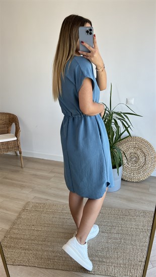 Cepli Büzgü Detaylı Mavi Basic Elbise 
