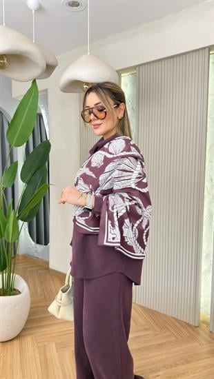 Bordo Niami Fular Detaylı Tensel Takım
