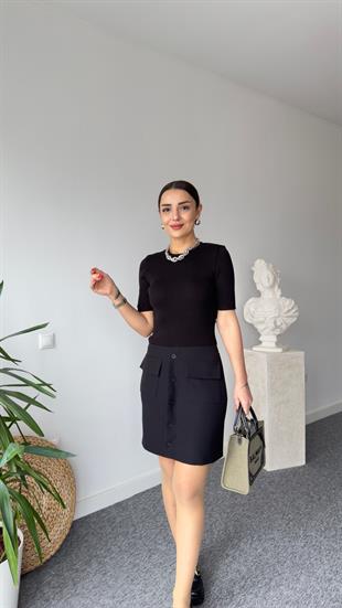 Farfe Triko Garnili Siyah Düğmeli Elbise 