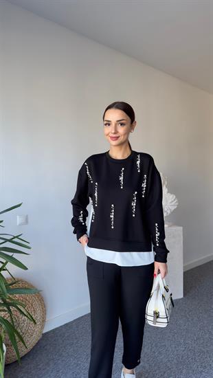 Önü İncili Sırt Poplin Detay Modal Sweat 