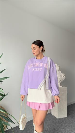 Levu Yazı Ve Dantel Detaylı Sweatshirt