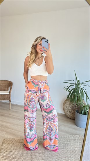  Şal Desen Kuşaklı Pantolon