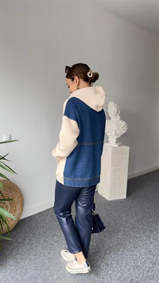 Sırt Kot Detaylı Kapüşonlu Bej Sweat
