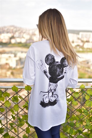 Ön Arka Mickey Baskı Beyaz Tshirt
