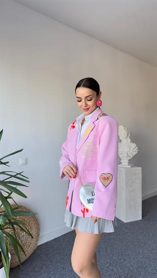 Femme İşleme Ve Yazı Detay Tasarım Pembe Blazer
