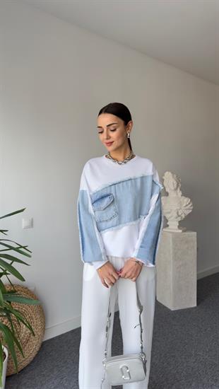Moren Asimetrik Kotlu Beyaz Sweatshirt