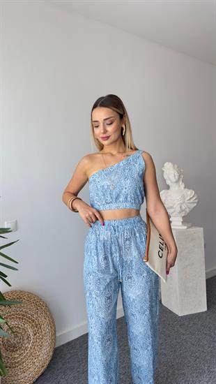 Mavi Şal Desen Tek Omuz Bluz