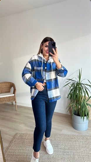 Mavi Ekose Detay Kapüşonlu Sweatshirt