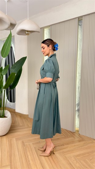 Yeşil Balon Kol Kuşaklı Poplin Elbise 