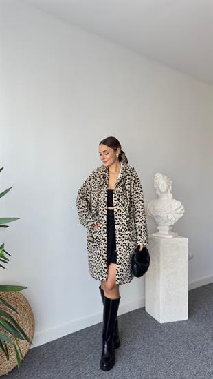 Paulo Arma Gold Detaylı Peluş Leopar Kaban