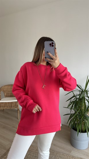 Yanı Fermuar Detaylı Salaş Fuşya Sweat
