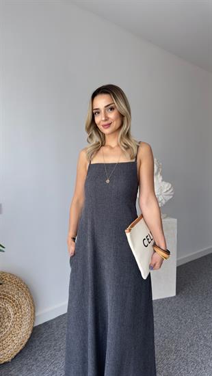 Yase Cep Detaylı Askılı Antrasit Elbise 