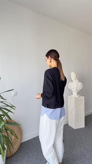 Çizgili Poplin Garnili Lacivert Sweat