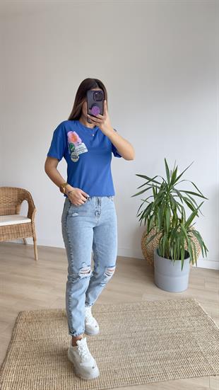 Ön Arka Baskı Detaylı Mavi Tshirt
