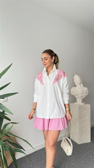 Pembe Yıldız Taş Detaylı Beyaz Gömlek