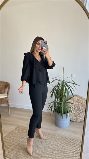 V Yaka Siyah Şifon Bluz 