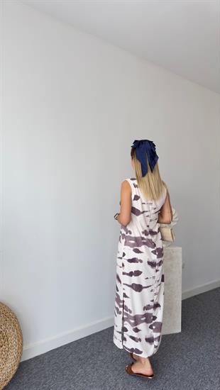 Stone Kahve Desenli Yırtmaçlı Elbise 